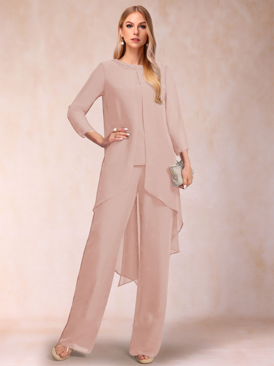 Chiffon Scoop Long Sleeves 3 Pieces Pantsuits with Rhinestone & Jacket