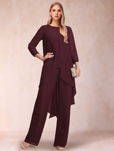 Chiffon Scoop Long Sleeves 3 Pieces Pantsuits with Rhinestone & Jacket