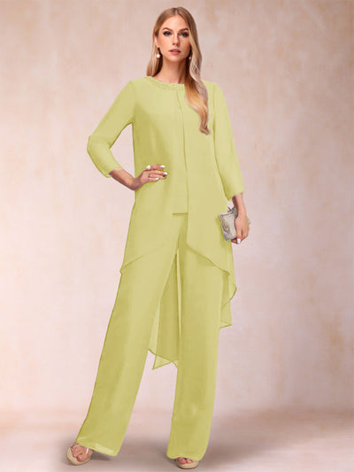 Chiffon Scoop Long Sleeves 3 Pieces Pantsuits with Rhinestone & Jacket