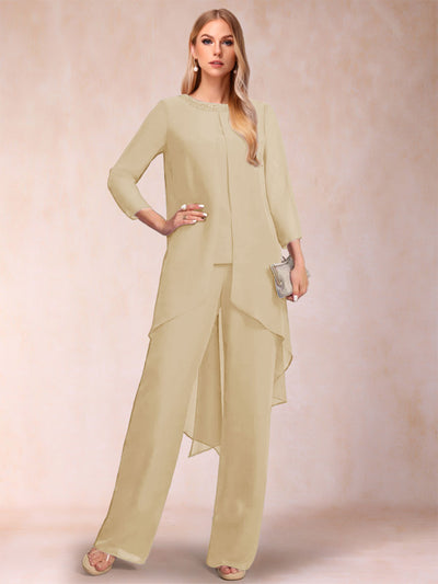 Chiffon Scoop Long Sleeves 3 Pieces Pantsuits with Rhinestone & Jacket