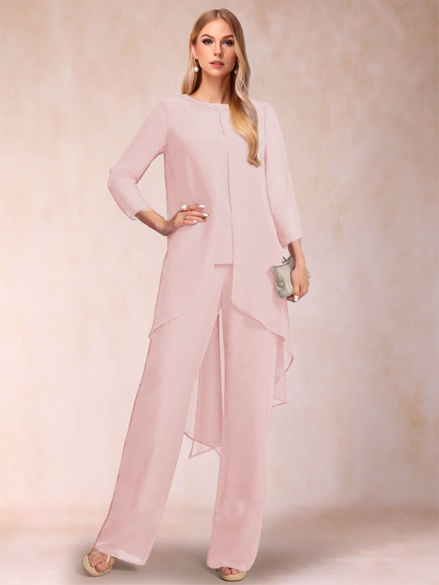 Chiffon Scoop Long Sleeves 3 Pieces Pantsuits with Rhinestone & Jacket