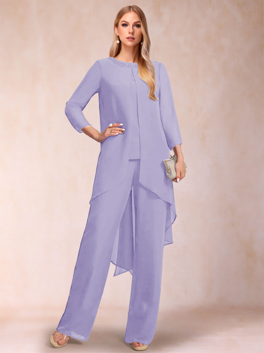 Chiffon Scoop Long Sleeves 3 Pieces Pantsuits with Rhinestone & Jacket