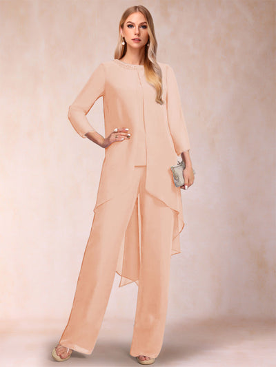 Chiffon Scoop Long Sleeves 3 Pieces Pantsuits with Rhinestone & Jacket