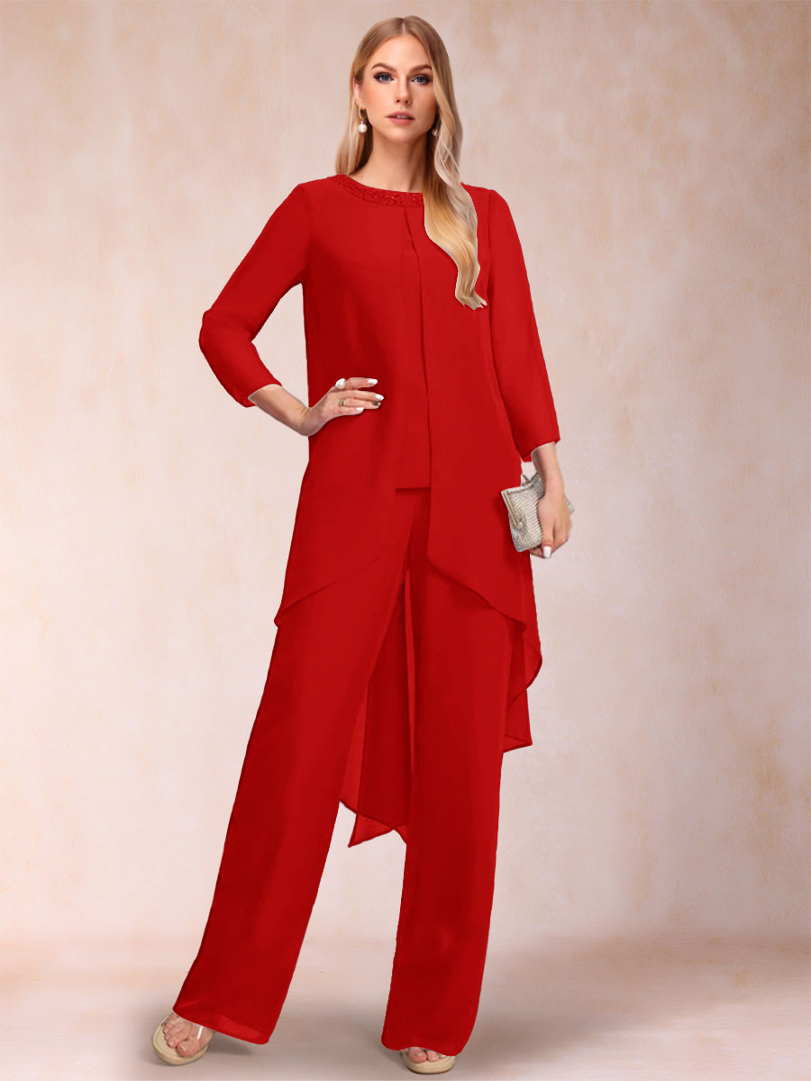 Chiffon Scoop Long Sleeves 3 Pieces Pantsuits with Rhinestone & Jacket