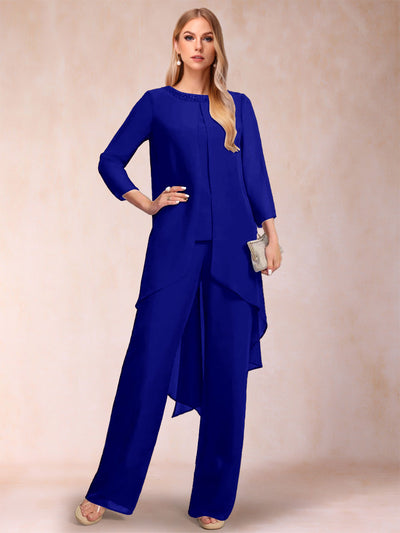 Chiffon Scoop Long Sleeves 3 Pieces Pantsuits with Rhinestone & Jacket