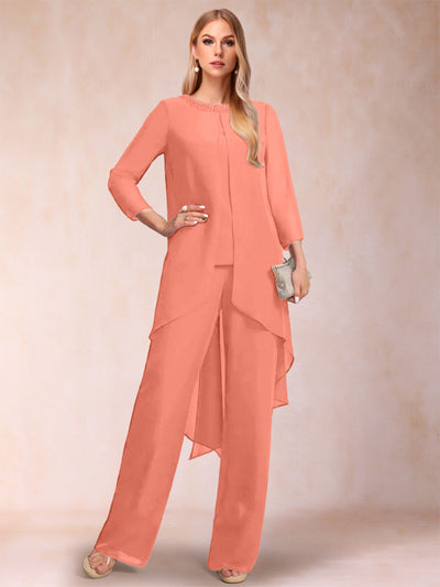 Chiffon Scoop Long Sleeves 3 Pieces Pantsuits with Rhinestone & Jacket