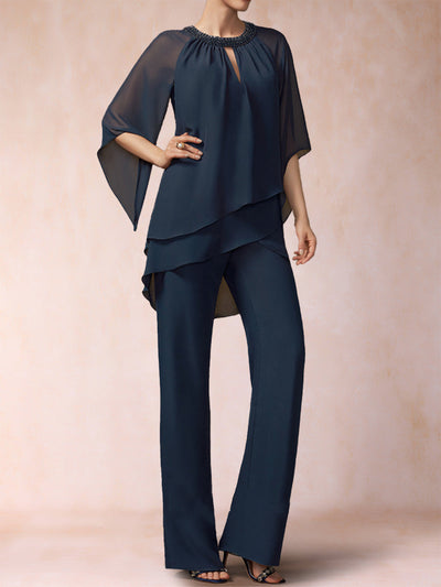 Chiffon Scoop 3/4 Sleeves 2 Pieces Pantsuits with Rhinestone & Hollow