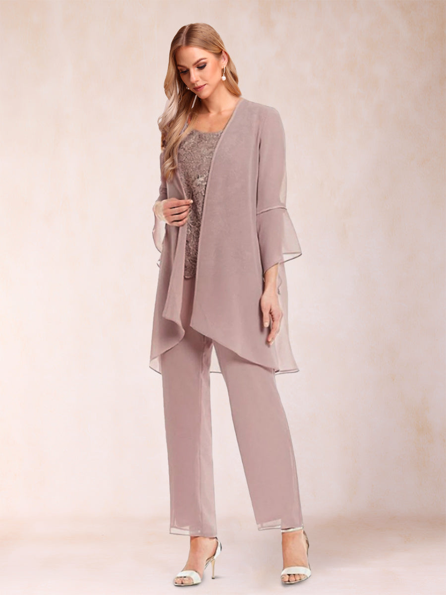 Chiffon Scoop Long Sleeves 3 Pieces Pantsuits with Applique  & Jacket