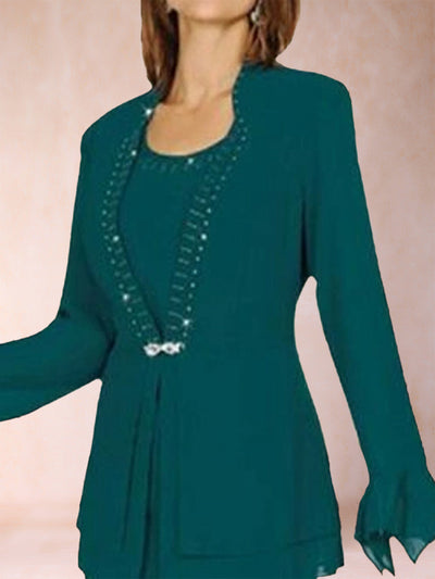 Sheath/Column Chiffon Scoop Long Sleeves 2 Pieces with Rhinestone & Jacket