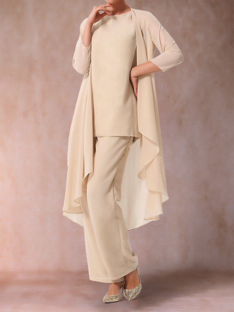 Chiffon Scoop 3/4 Sleeves 3 Pieces Pantsuits with Ruched  & Jacket