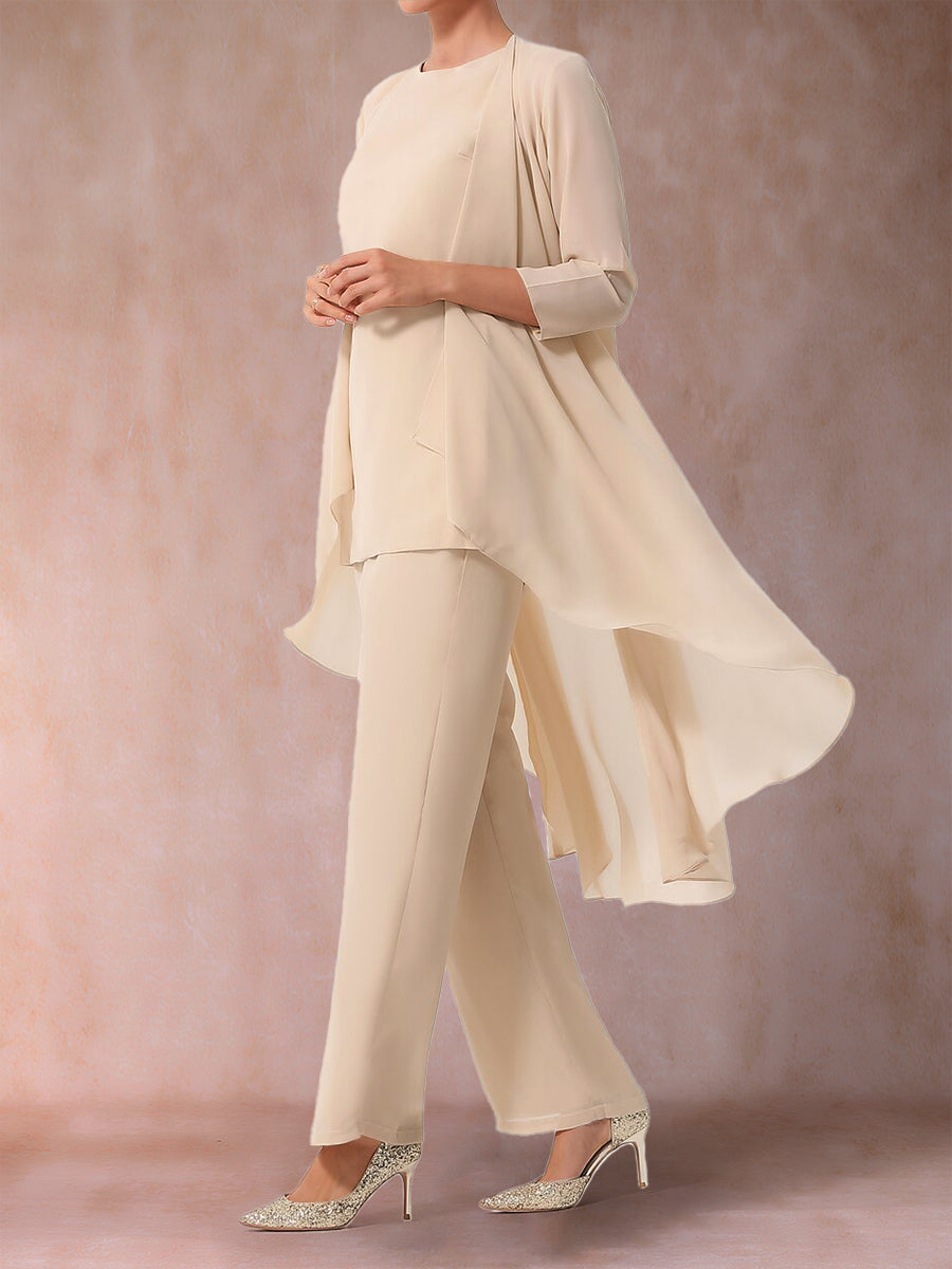 Chiffon Scoop 3/4 Sleeves 3 Pieces Pantsuits with Ruched  & Jacket