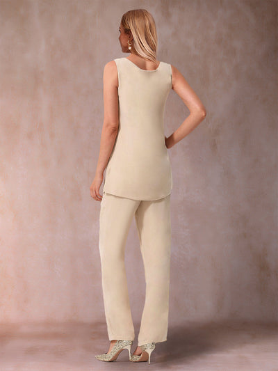 Chiffon Scoop 3/4 Sleeves 3 Pieces Pantsuits with Ruched  & Jacket