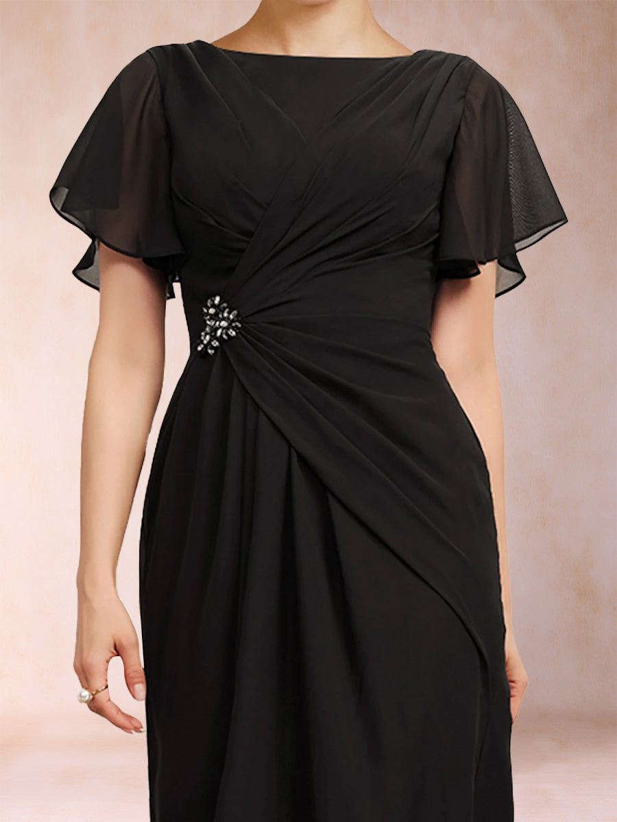 Sheath/Column Chiffon Scoop Short Sleeves Mother of the Bride Dresses with Rhinestone