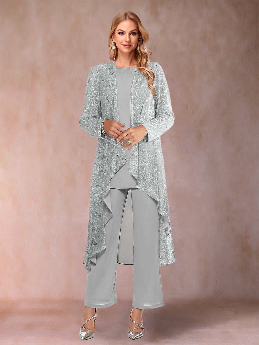 Chiffon Scoop Long Sleeves 3 Pieces Pantsuits with Sequins & Jacket