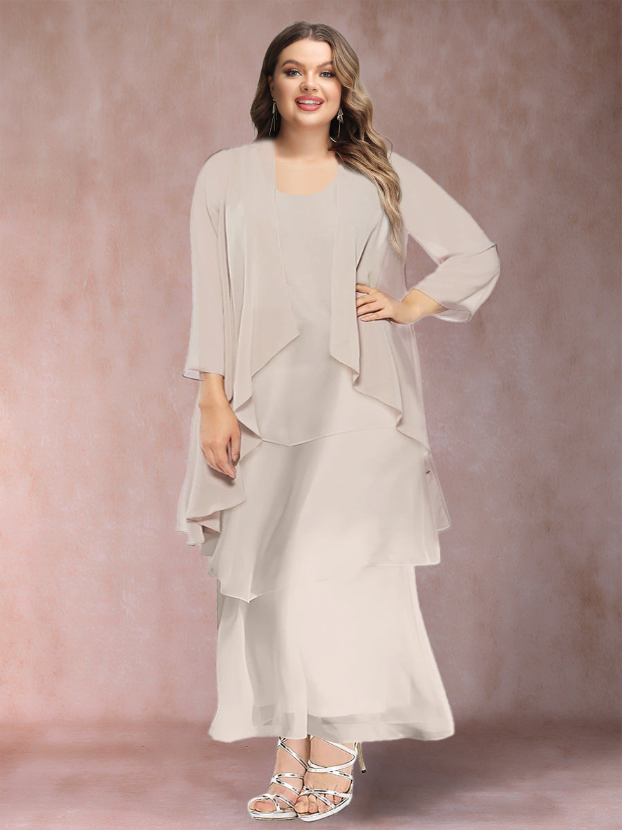 A-Line/Princess Scoop 3/4 Sleeves 3 Pieces Plus Size Mother of the Bride Dress with Ruffles & Jacket