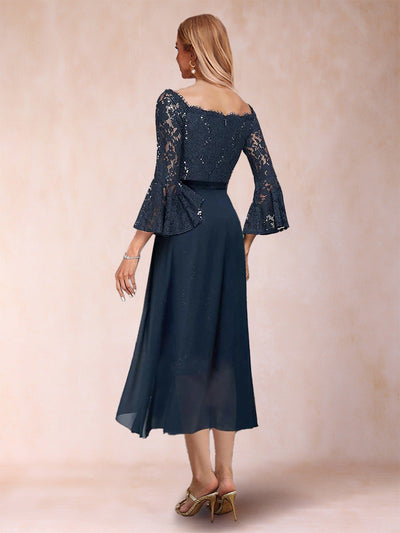 Sheath/Column Off-the-Shoulder 3/4 Sleeves 2 Pieces Mother of the Bride Dresses with Applique