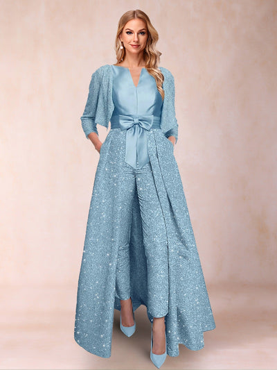 A-Line/Princess V-Neck 3/4 Sleeves 3 Pieces Pantsuits with Bow Knot