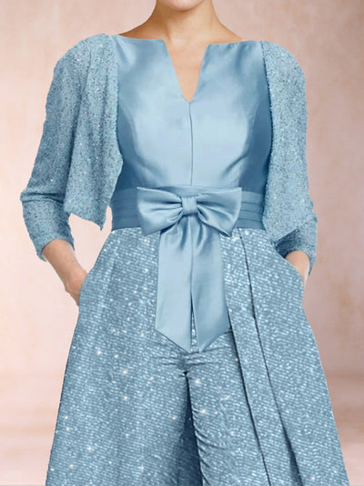 A-Line/Princess V-Neck 3/4 Sleeves 3 Pieces Pantsuits with Bow Knot