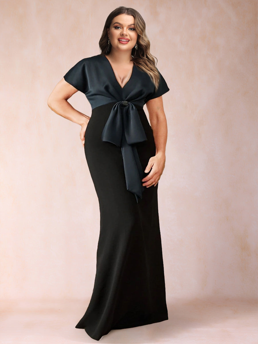 Sheath/Column V-Neck Short Sleeves Plus Size Mother of the Bride Dresses with Bow Knot