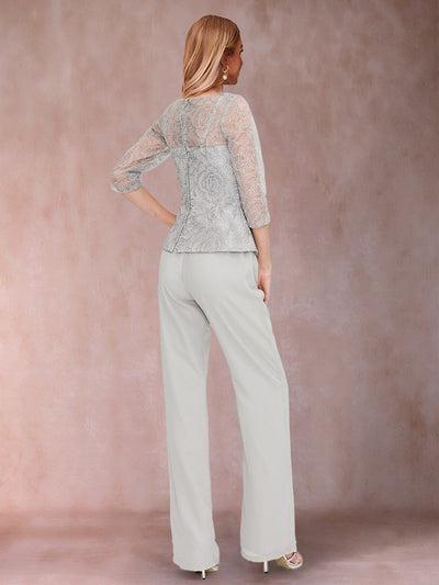 Jumpsuit/Pantsuit Scoop 3/4 Sleeves 2 Pieces Mother of the Bride Dresses with Rhinestone