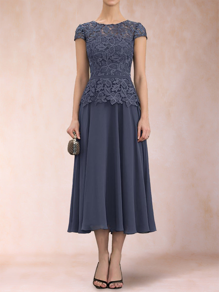 A-Line/Princess Chiffon Scoop Short Sleeves Mother of the Bride Dresses with Applique