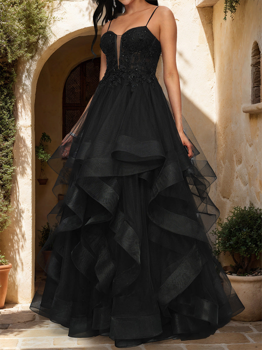 Ball Gown Sweetheart Sleeveless Tiered Prom Dresses