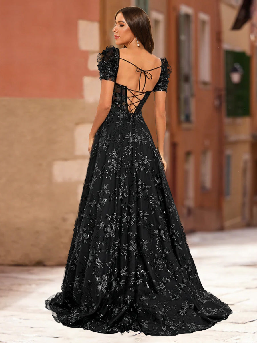 A-Line/Princess V-Neck Puff Sleeves Split Side Prom Dresses