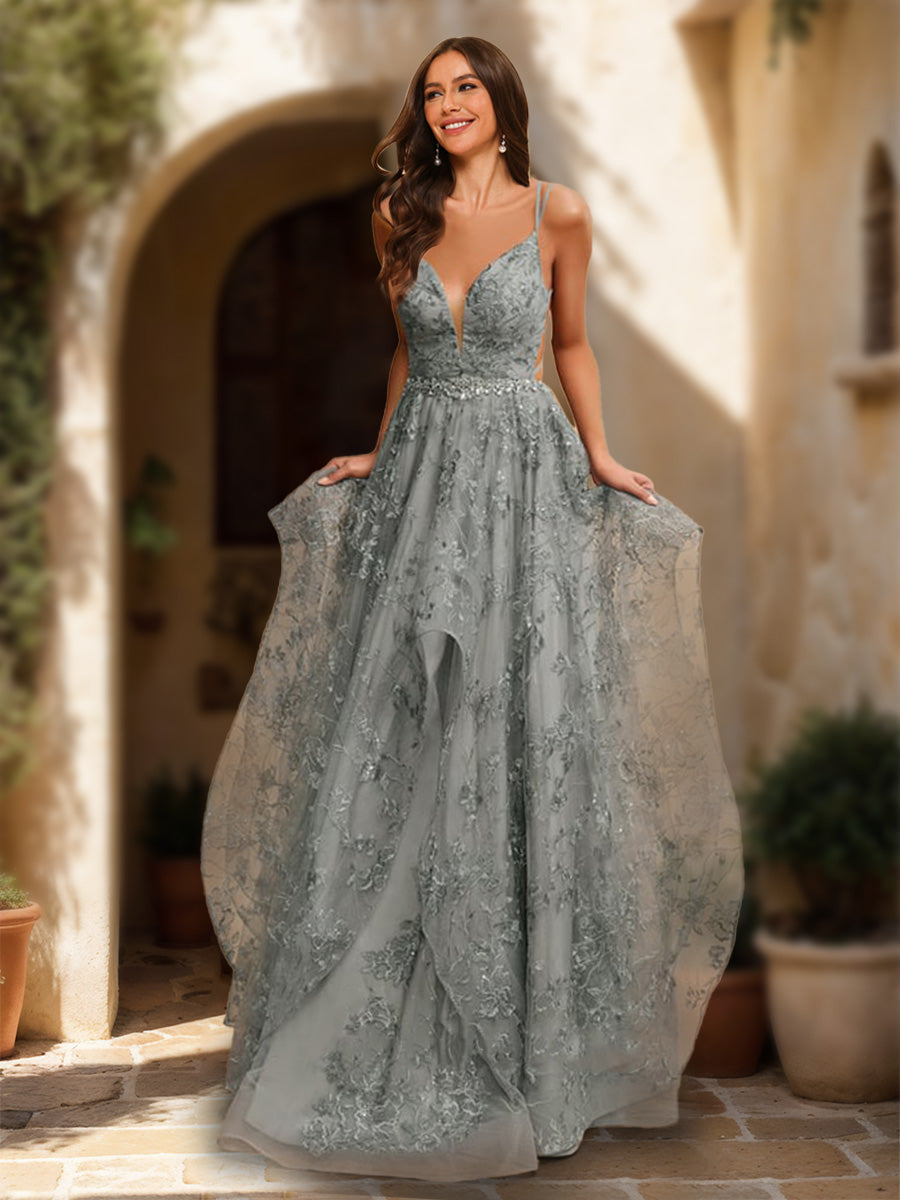 Ball Gown V-Neck Sleeveless Tiered Prom Dresses