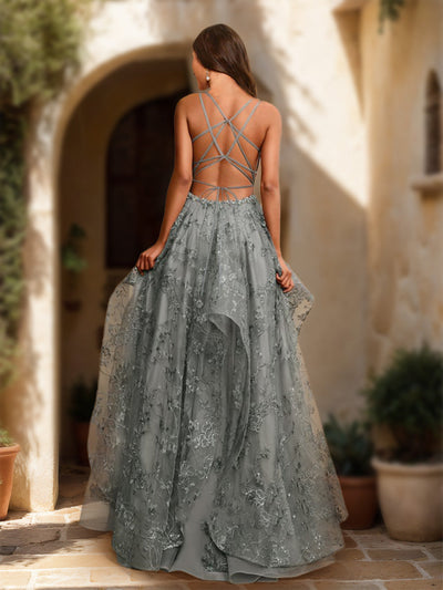 Ball Gown V-Neck Sleeveless Tiered Prom Dresses