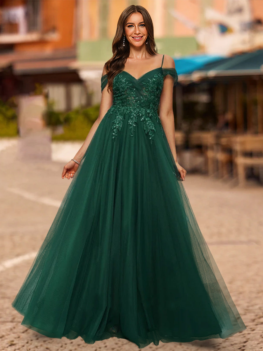 A-Line/Princess Cold Shoulder Short Sleeves Sequins Prom Dresses