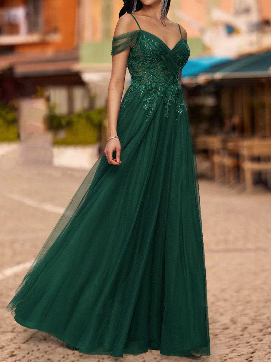 A-Line/Princess Cold Shoulder Short Sleeves Sequins Prom Dresses