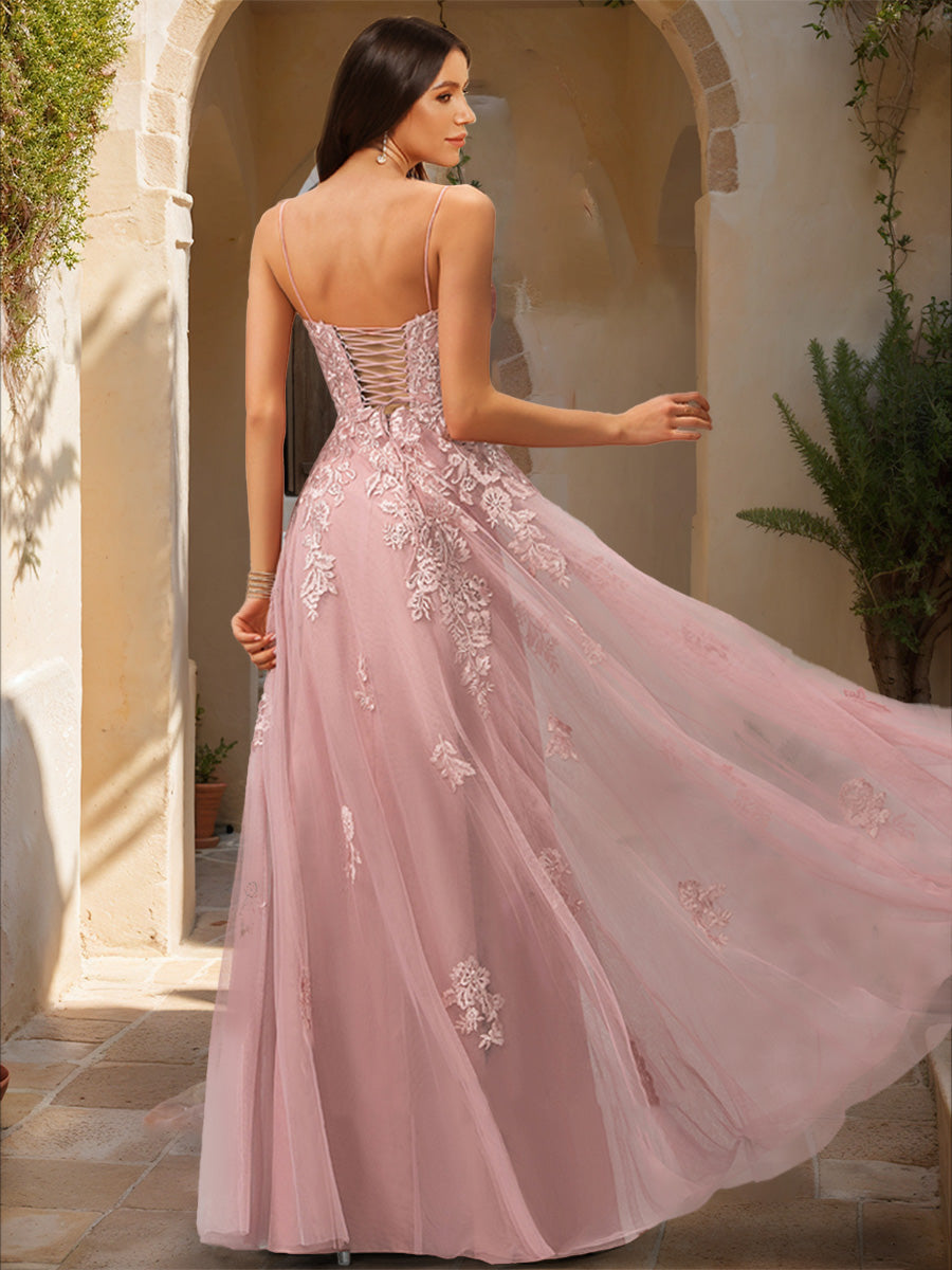 A-Line/Princess V-Neck Sleeveless Applique Prom Dresses