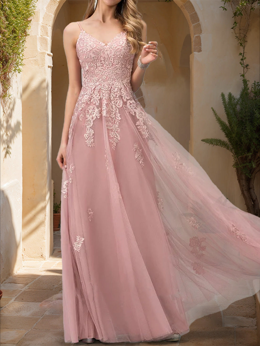 A-Line/Princess V-Neck Sleeveless Applique Prom Dresses