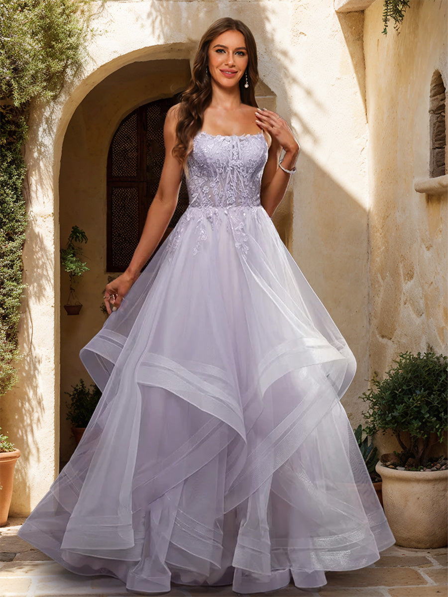 Ball Gown Scoop Sleeveless Applique Prom Dresses