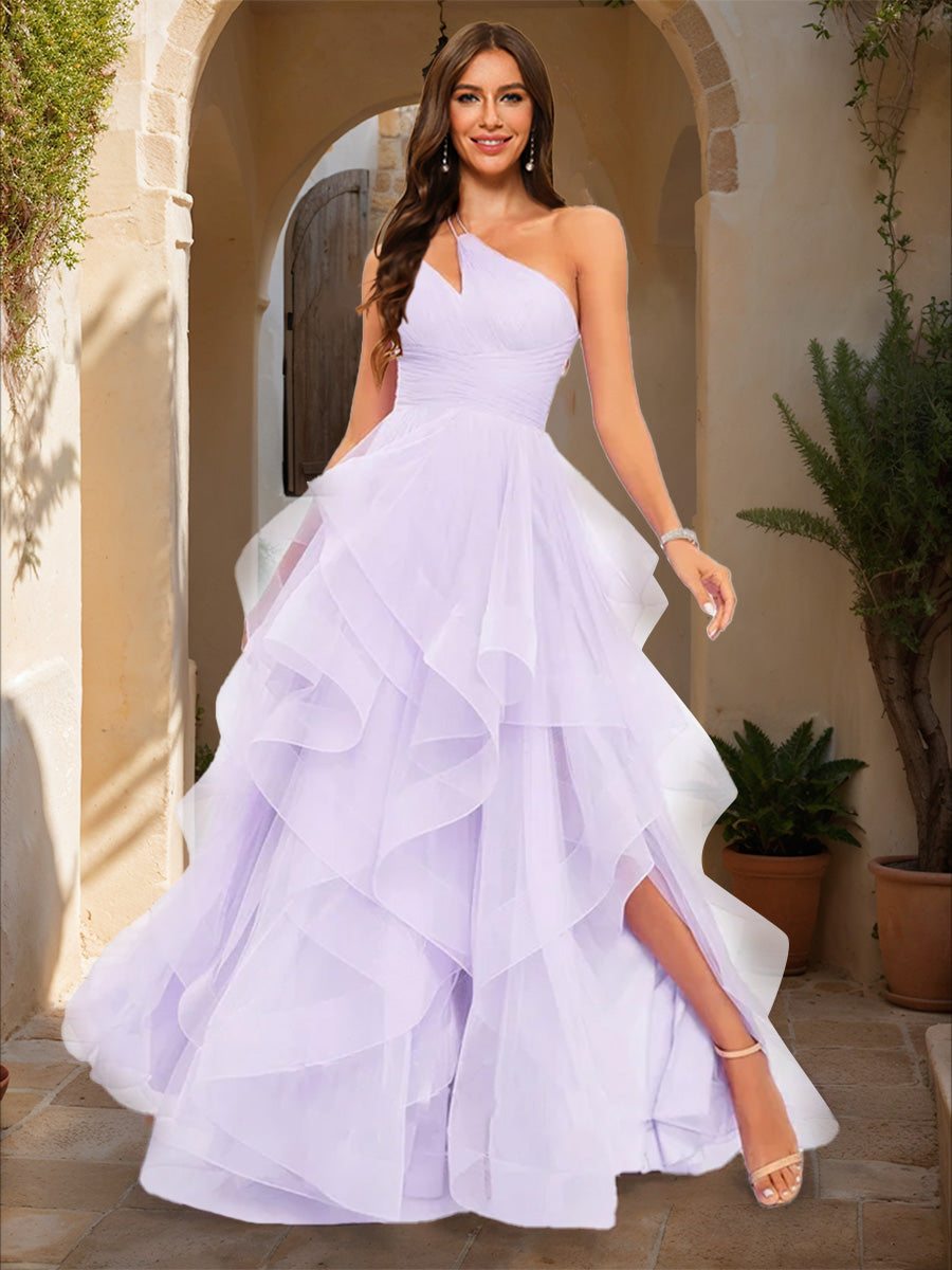 Ball Gown One-Shoulder Sleeveless Tiered Prom Dresses