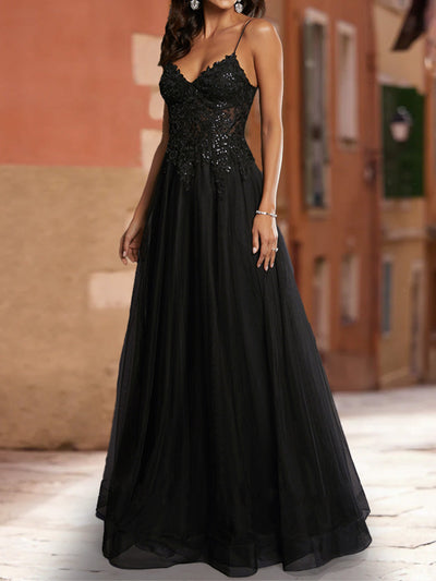 A-Line/Princess V-Neck Sleeveless Sequins Prom Dresses