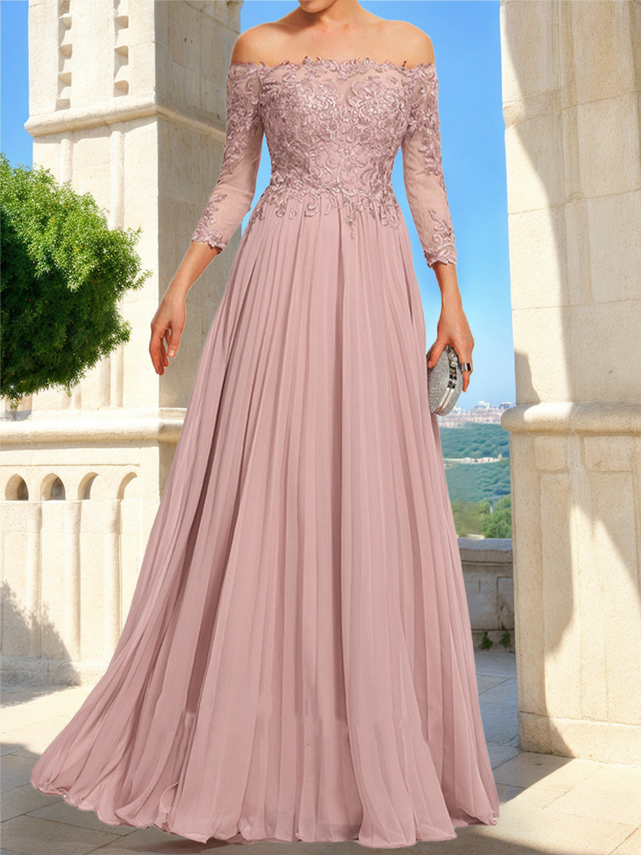 A-Line/Princess Off-the-Shoulder 3/4 Sleeves Lace Prom Dresses