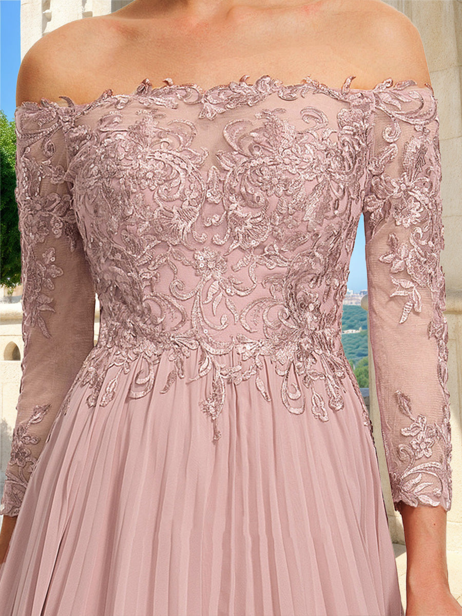 A-Line/Princess Off-the-Shoulder 3/4 Sleeves Lace Prom Dresses