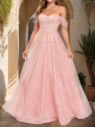 Ball Gown Off-the-Shoulder Short Sleeves Applique Prom Dresses