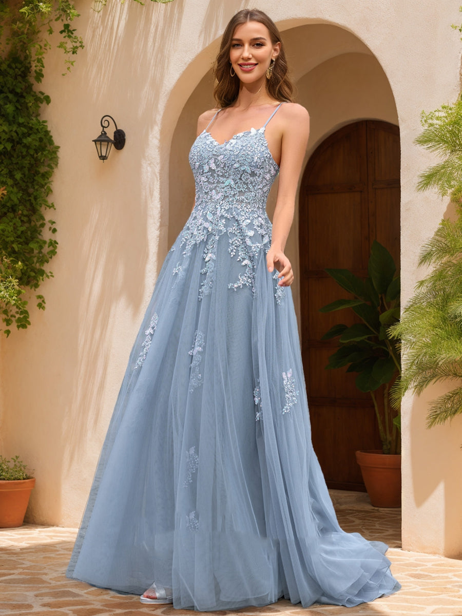 A-Line/Princess V-Neck Sleeveless Appliques Prom Dresses