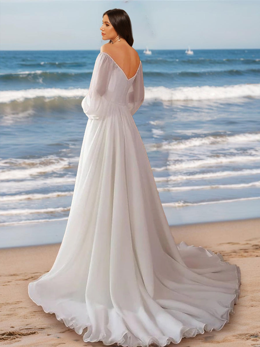 A-Line/Princess Off-the-Shoulder Long Sleeves Ruched Wedding Dresses