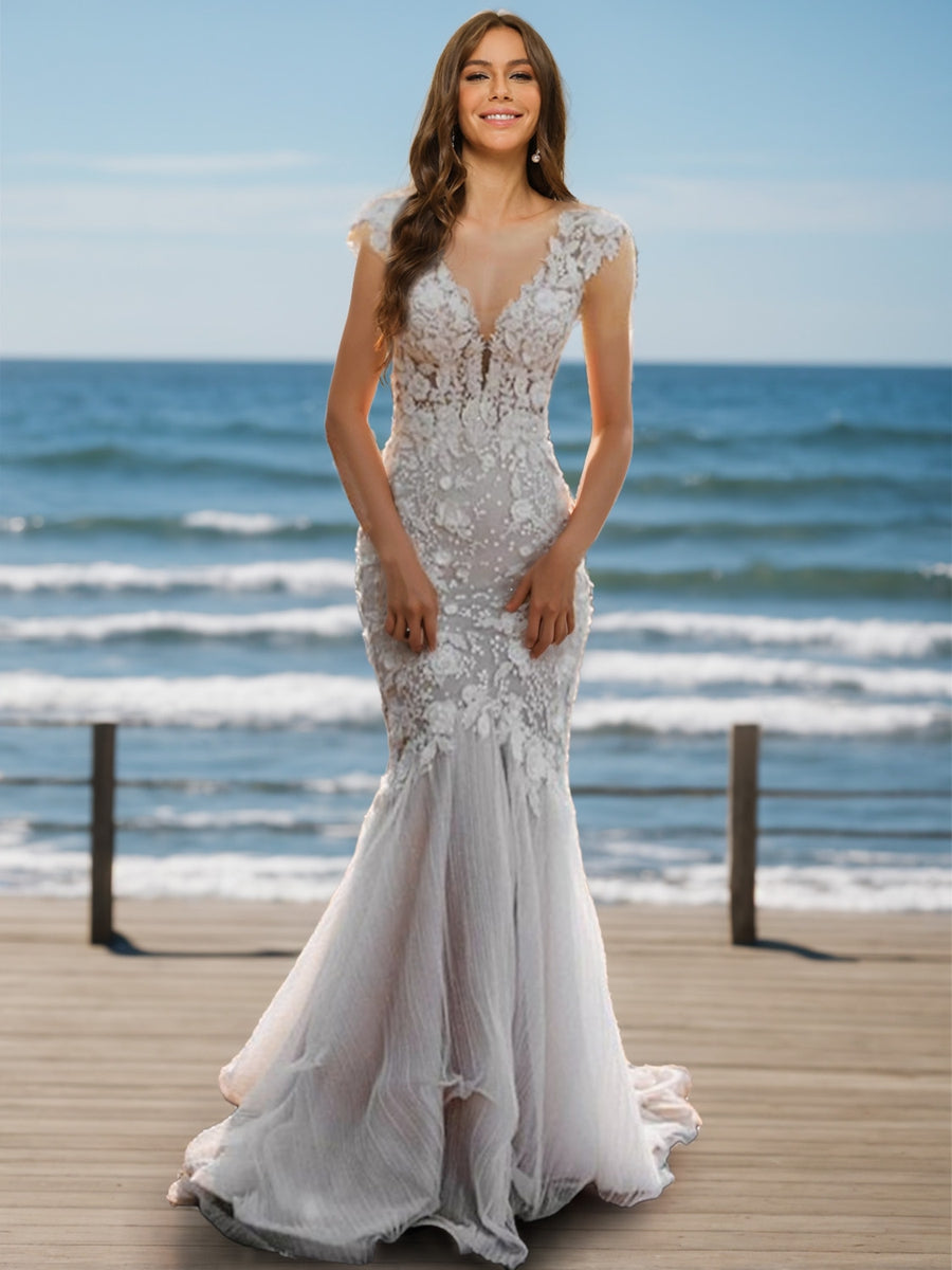 Trumpet/Mermaid V-Neck Sleeveless Appliques Wedding Dresses