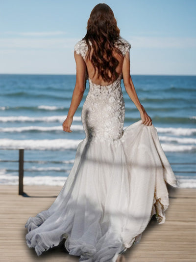 Trumpet/Mermaid V-Neck Sleeveless Appliques Wedding Dresses