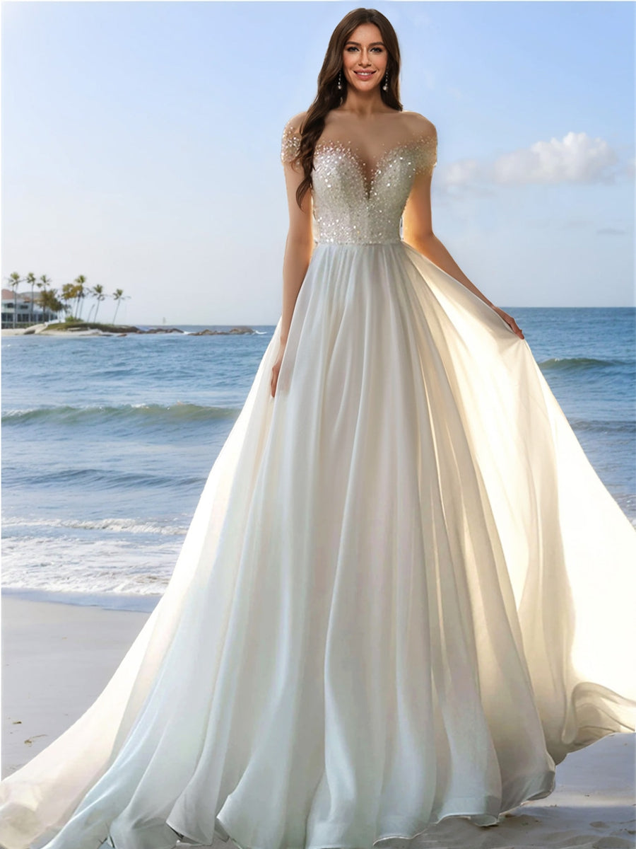 A-Line/Princess Off-the-Shoulder Short Sleeves Beading Wedding Dresses