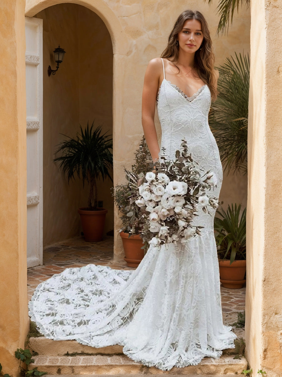 Trumpet/Mermaid V-Neck Sleeveless Ruched Lace Wedding Dresses