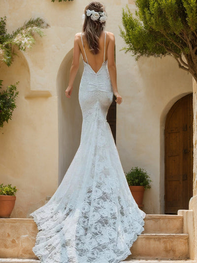 Trumpet/Mermaid V-Neck Sleeveless Ruched Lace Wedding Dresses