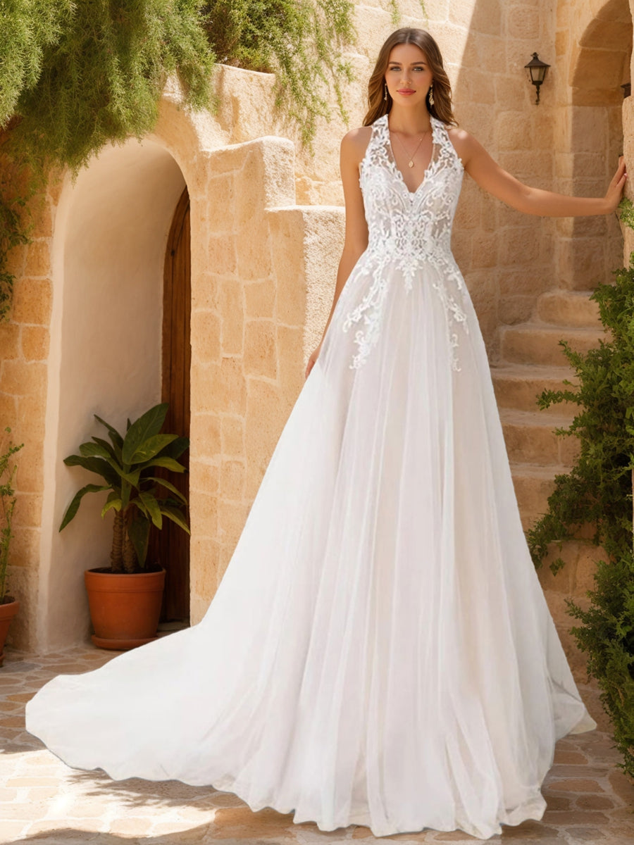 A-Line/Princess Halter Sleeveless Lace Wedding Dresses