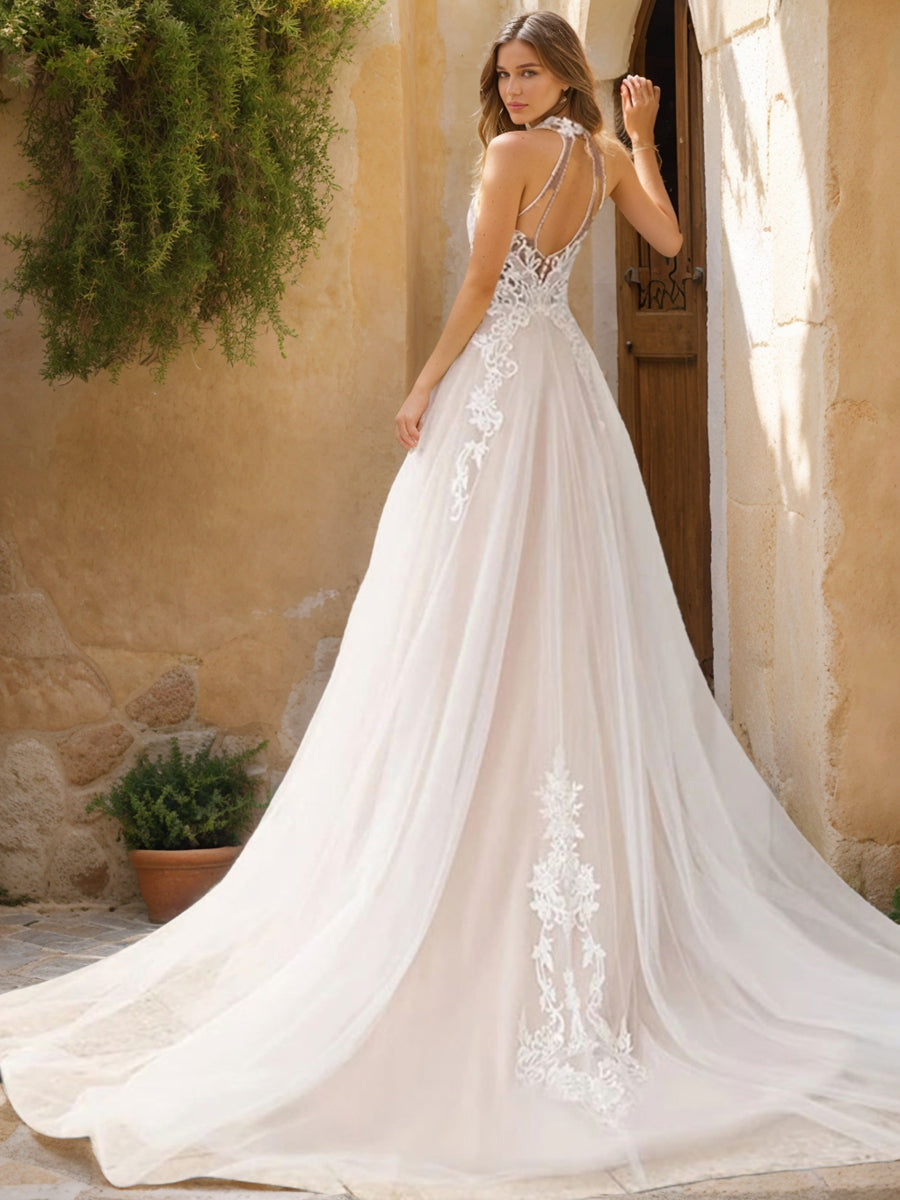 A-Line/Princess Halter Sleeveless Lace Wedding Dresses