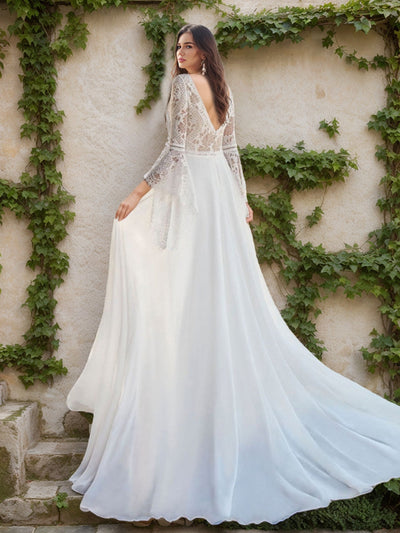 A-Line/Princess V-Neck Flare Sleeves Lace Wedding Dresses