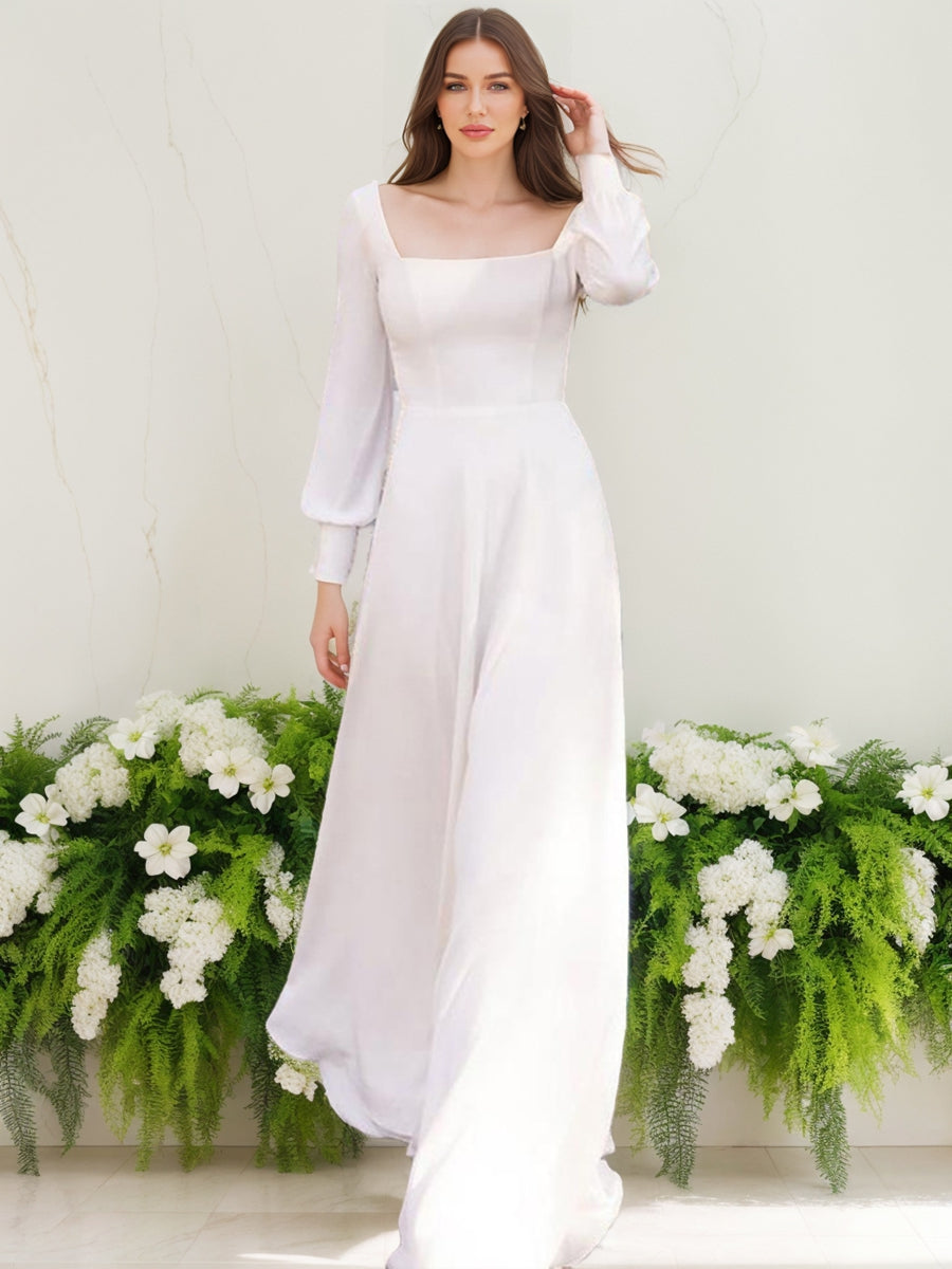 A-Line/Princess Square Neck Long Sleeves Ruched Wedding Dresses